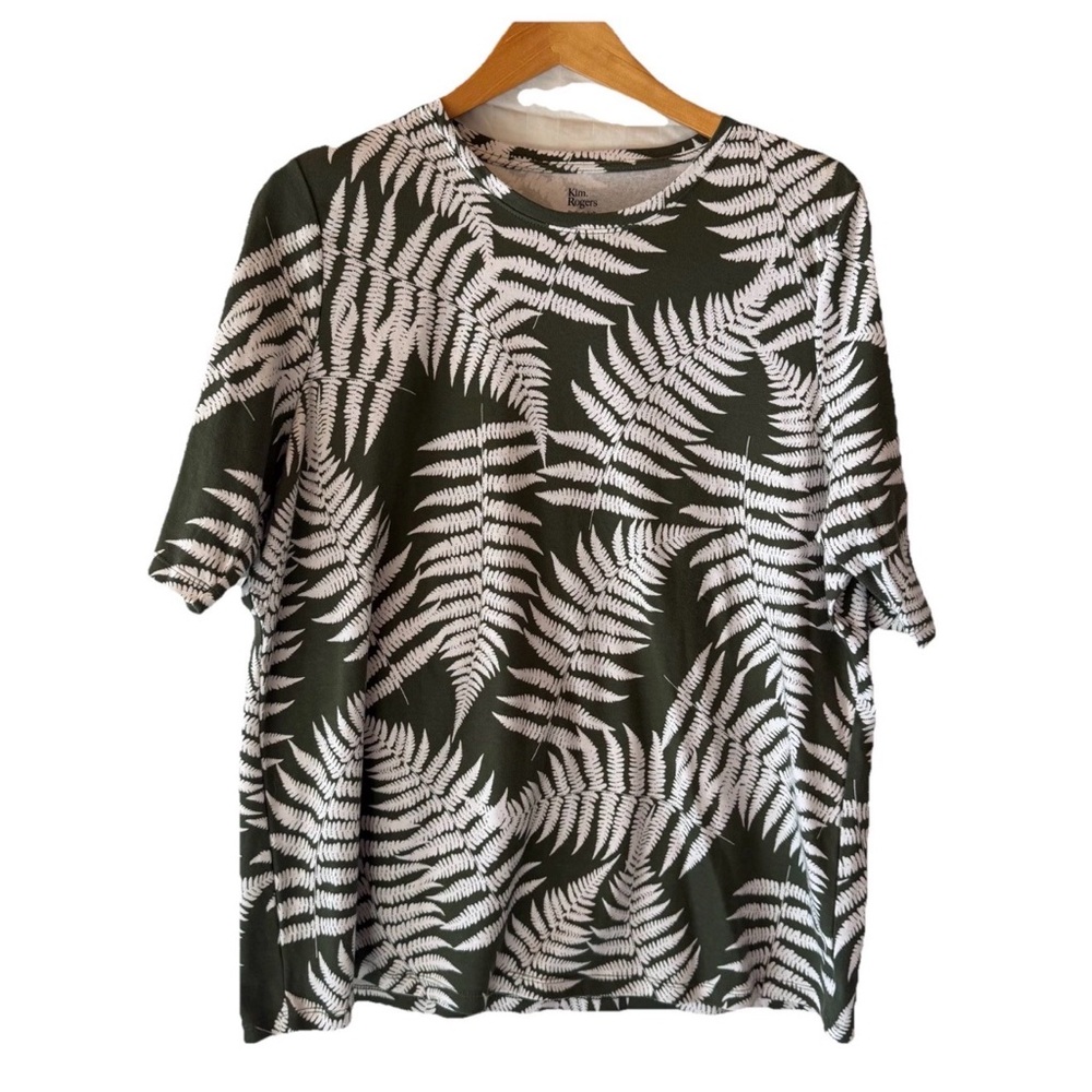 KIM ROGERS Perfectly Soft 100% Cotton Tee XL Fern Print Short Slv Straight Hem